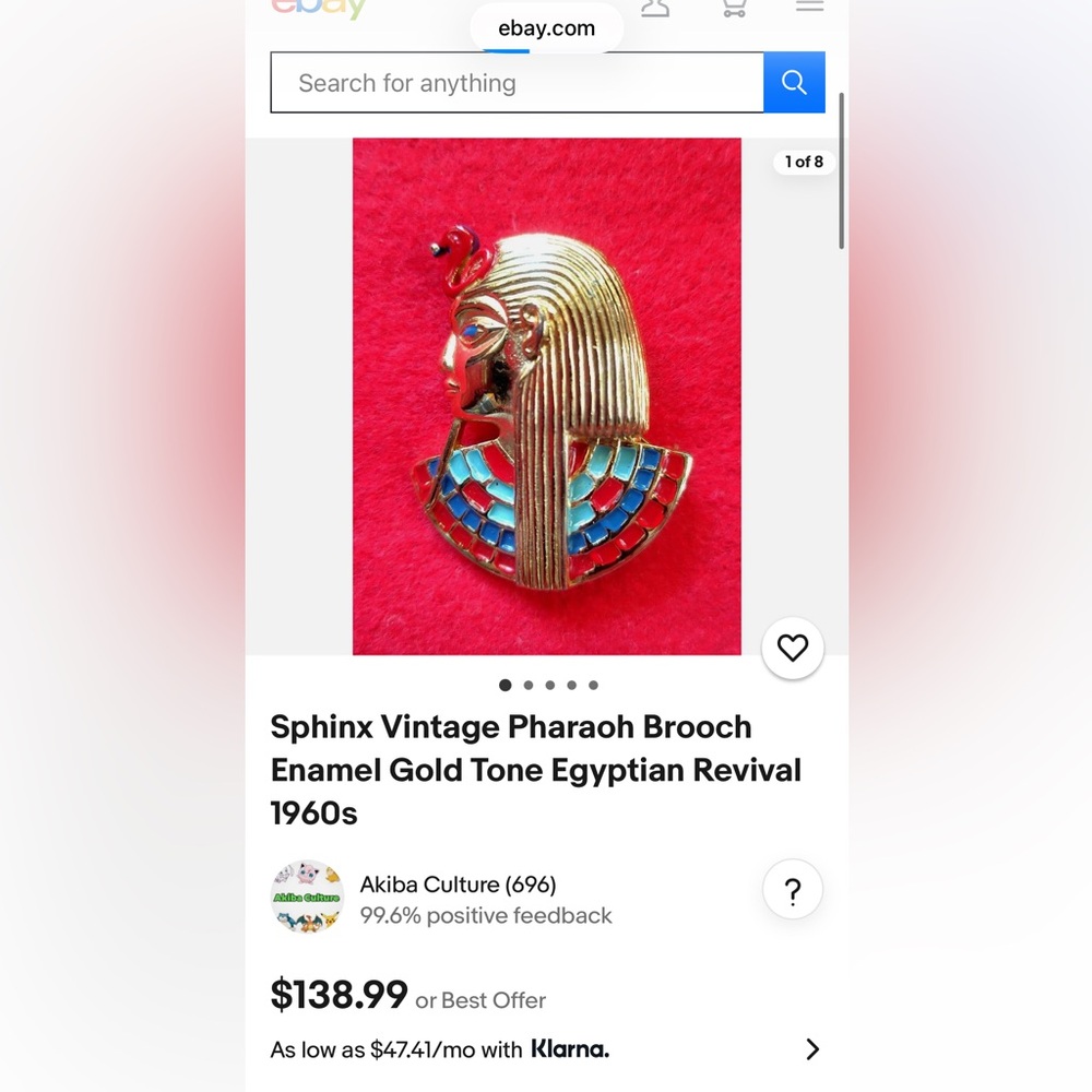 Rare Sphinx Egyptian Revival Vintage Gold Tone Pharaoh Brooch w/ Colorful Accent - Picture 8 of 8